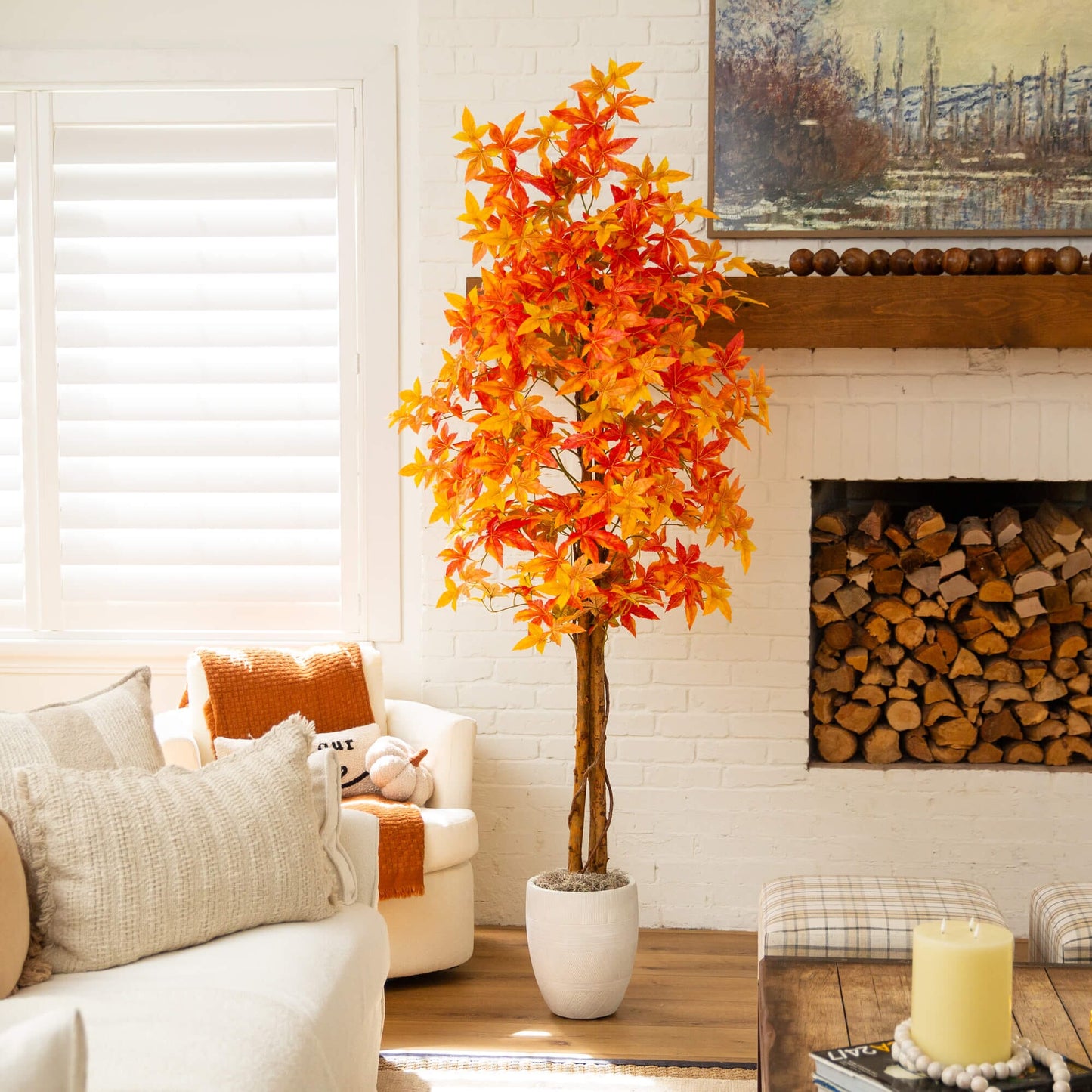 7' Autumn Deluxe Maple Artificial Fall Tree by Nearly Natural with orange maple leaves on Tampa Home & Garden Store