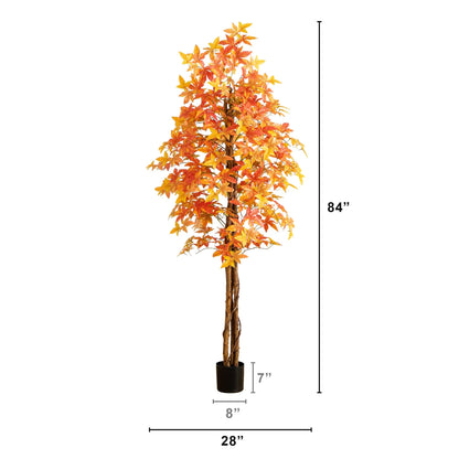 7' Autumn Deluxe Maple Artificial Fall Tree by Nearly Natural in a black pot with orange leaves on Tampa Home & Garden Store