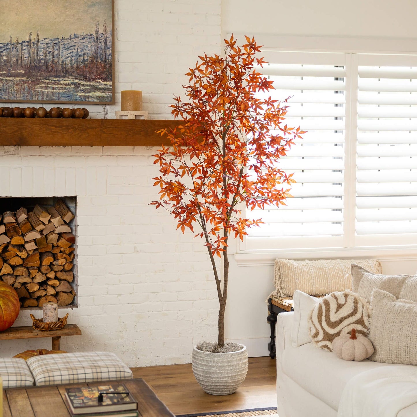 7' Autumn Japanese Maple Artificial Tree Nearly Natural in a living room with orange leaves on Tampa Home & Garden Store