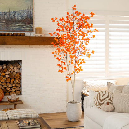 7' Autumn Paper Birch Artificial Tree by Nearly Natural with orange leaves in a cozy living room on Tampa Home & Garden Store