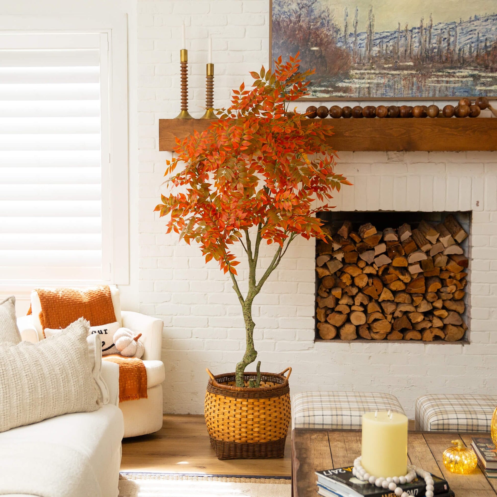 7' Autumn Sumac Artificial Tree by Nearly Natural with orange red leaves in living room on Tampa Home & Garden Store