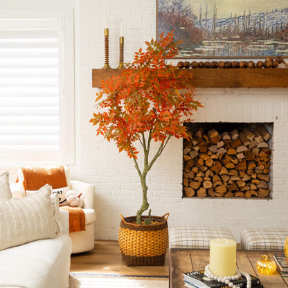 7' Autumn Sumac Artificial Tree by Nearly Natural with orange red leaves in living room on Tampa Home & Garden Store