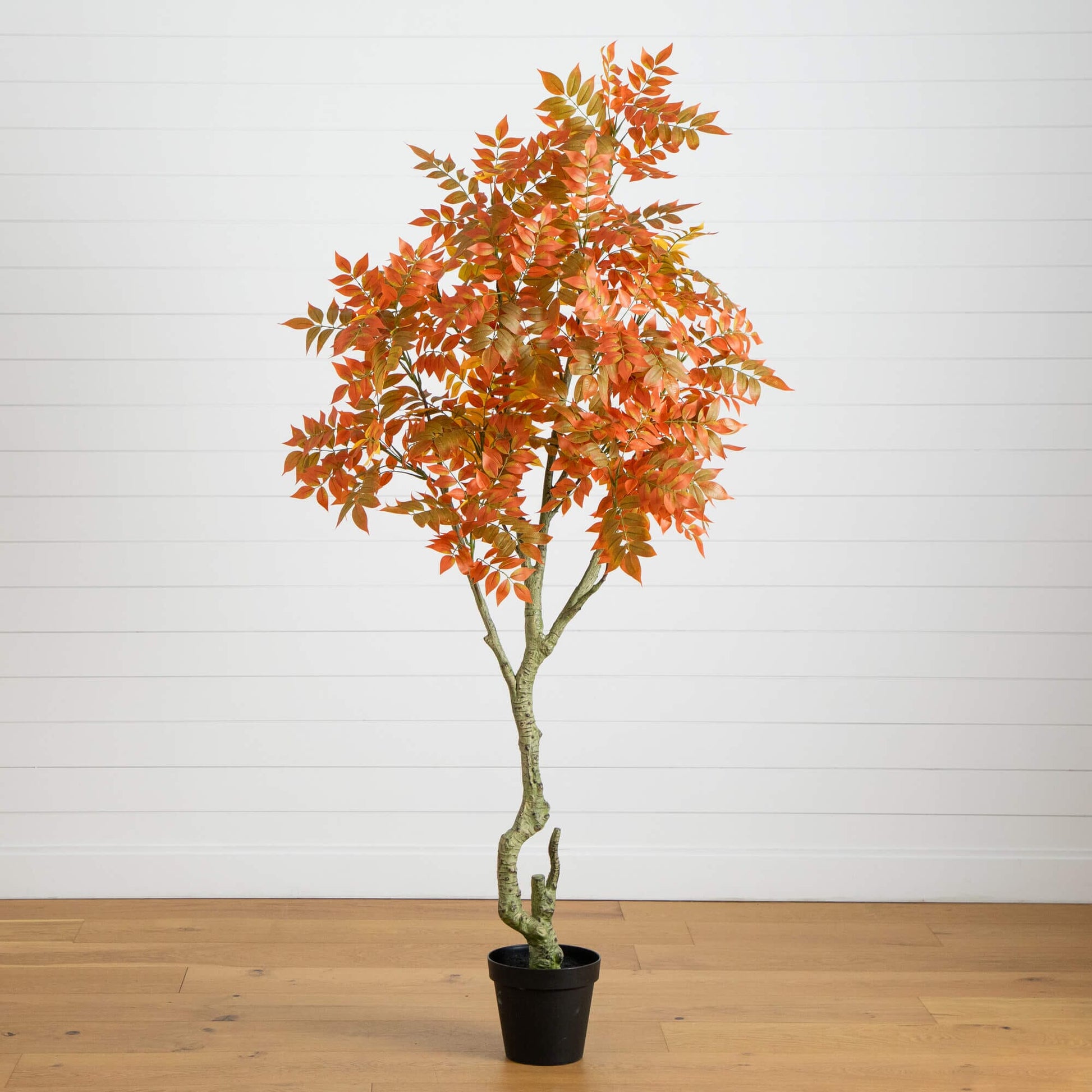 7' Autumn Sumac Artificial Fall Tree by Nearly Natural with orange leaves in a black pot on Tampa Home & Garden Store
