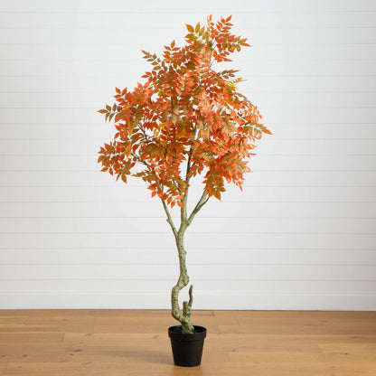 7' Autumn Sumac Artificial Fall Tree by Nearly Natural with orange leaves in a black pot on Tampa Home & Garden Store