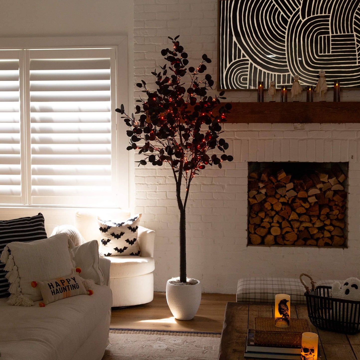 7' Pre-Lit Black Eucalyptus Tree with 420 orange and purple LED lights by Nearly Natural on Tampa Home & Garden Store