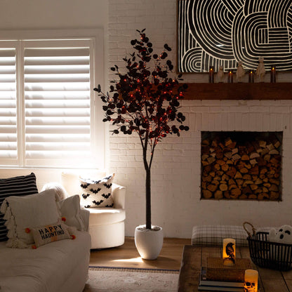 7' Pre-Lit Black Eucalyptus Tree with 420 orange and purple LED lights by Nearly Natural on Tampa Home & Garden Store