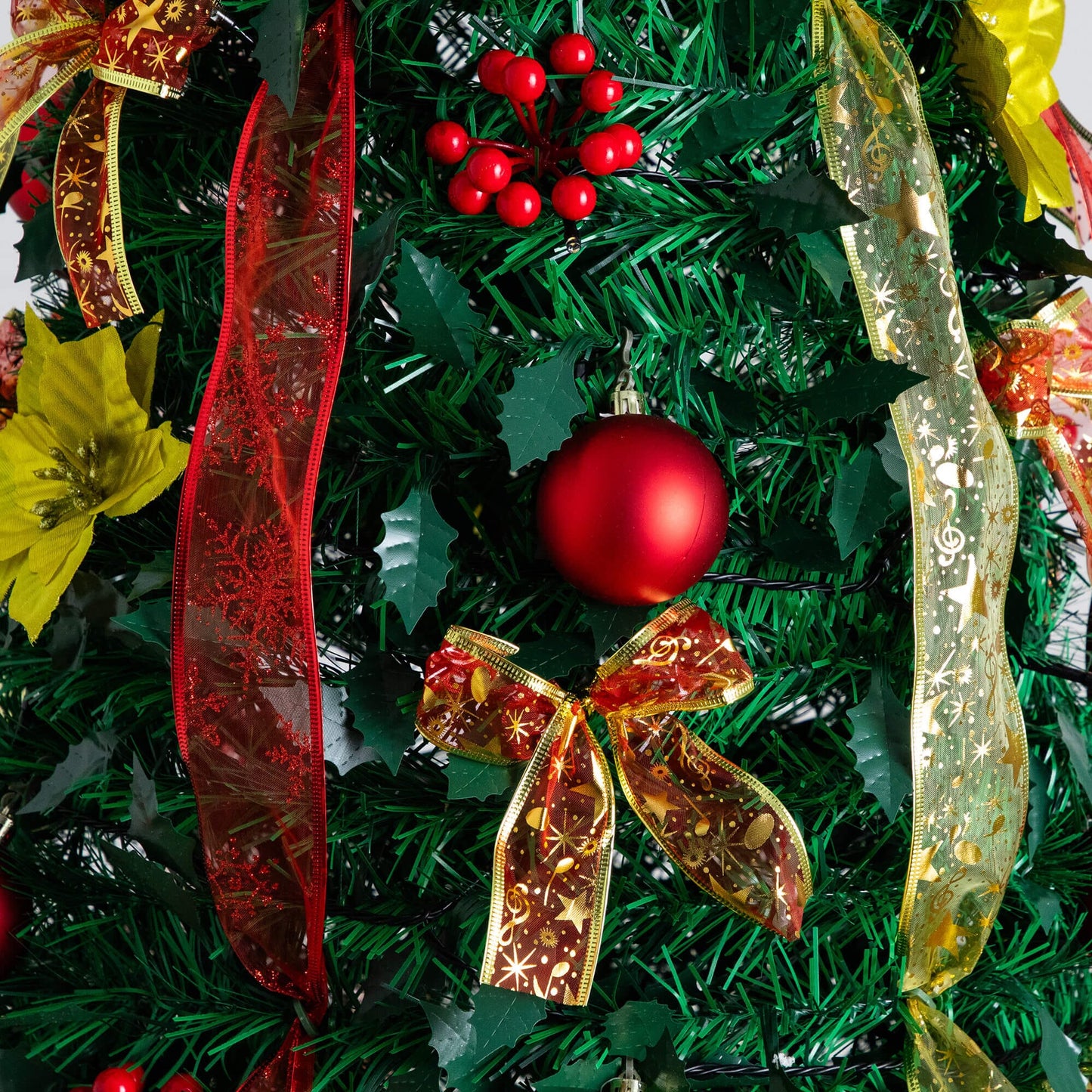 Nearly Natural 7' pre-lit artificial Christmas tree with red and gold ornaments and ribbons on Tampa Home & Garden Store