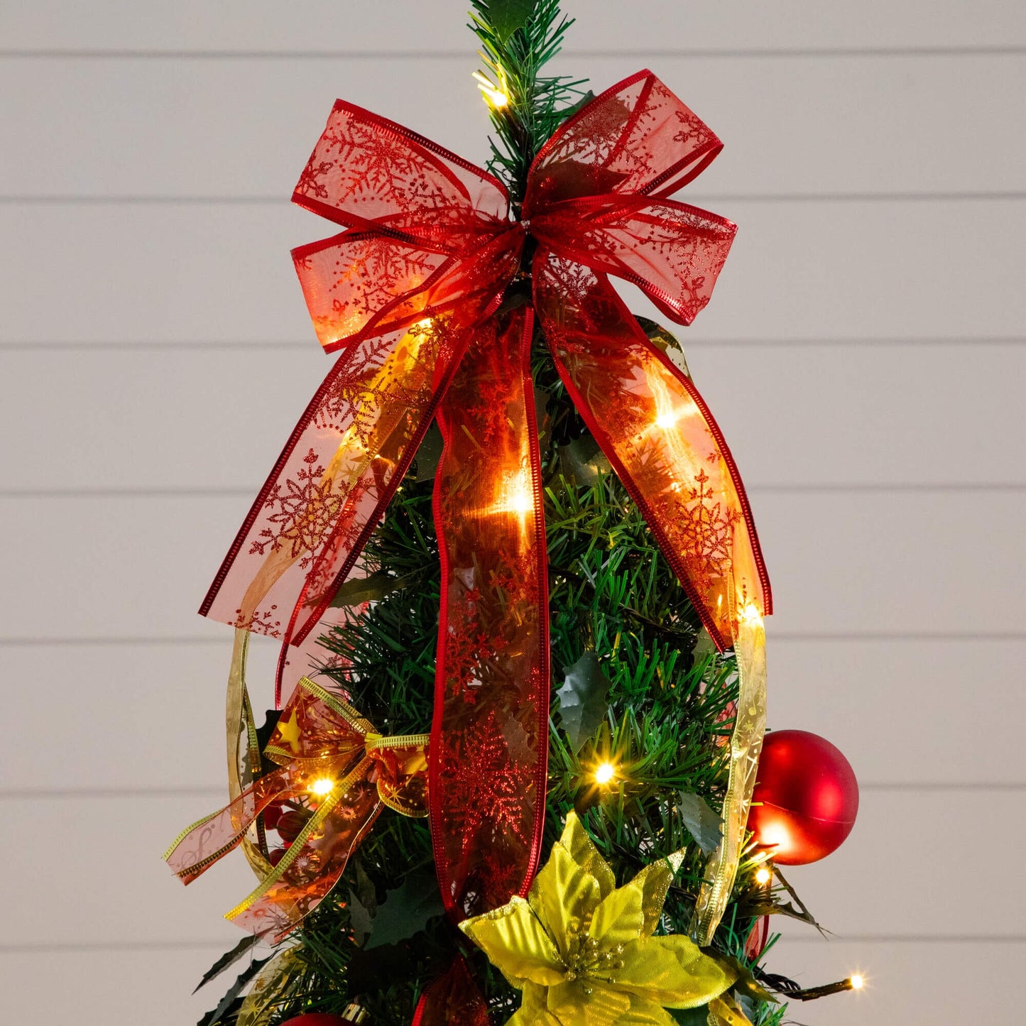 7' Pre-Lit Artificial Pop Up Christmas Tree with red and gold ribbons 180 warm white LED lights on Tampa Home & Garden Store