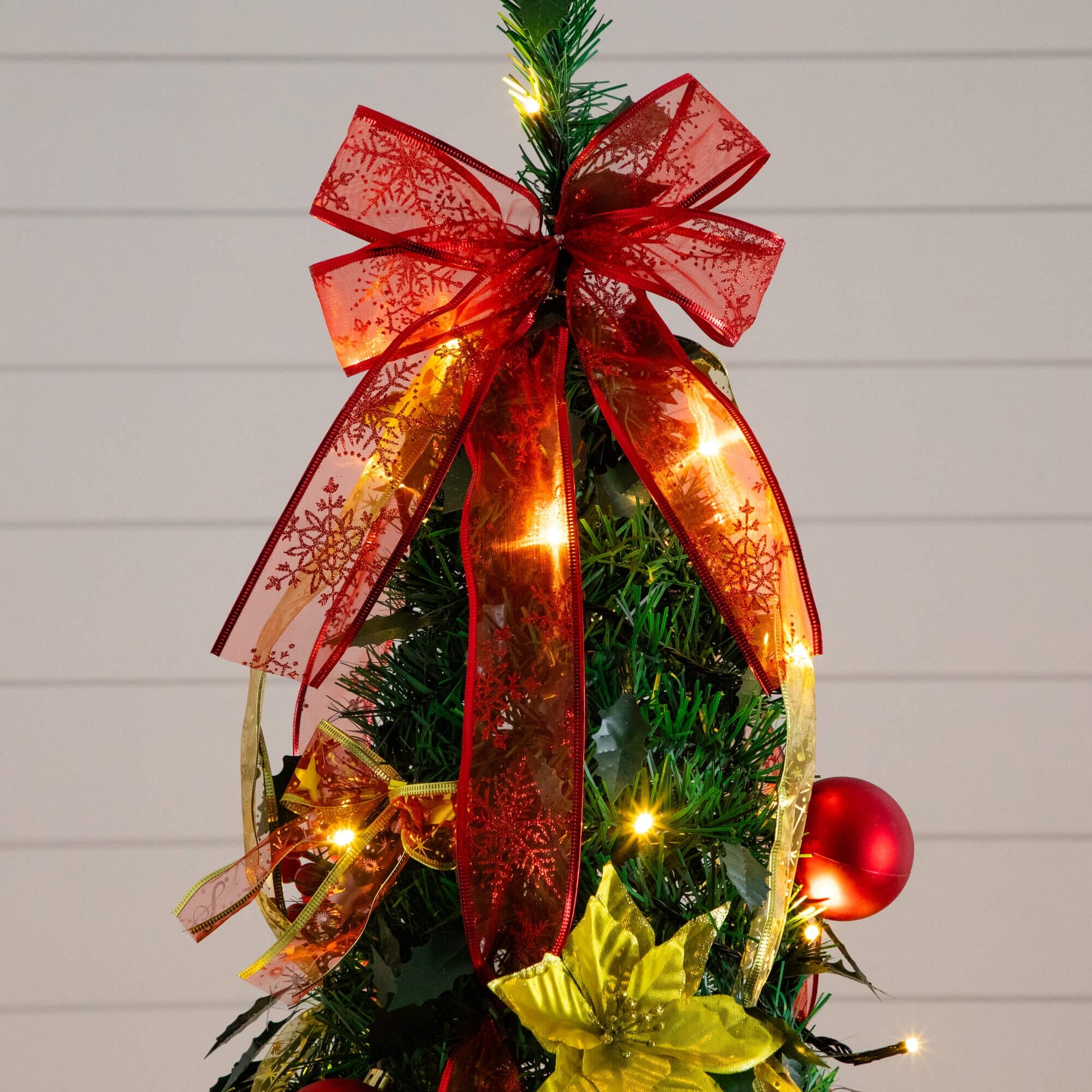 7' Pre-Lit Artificial Pop Up Christmas Tree with red and gold ribbons 180 warm white LED lights on Tampa Home & Garden Store