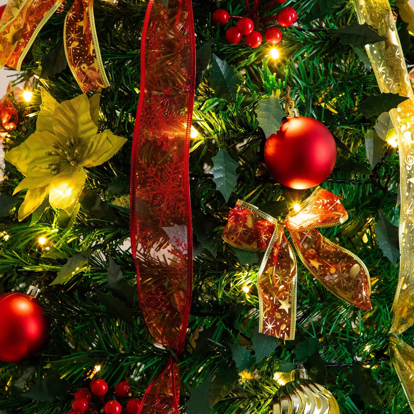 7' Pre-Lit Artificial Christmas Tree with red and gold ribbons and ornaments Nearly Natural on Tampa Home & Garden Store
