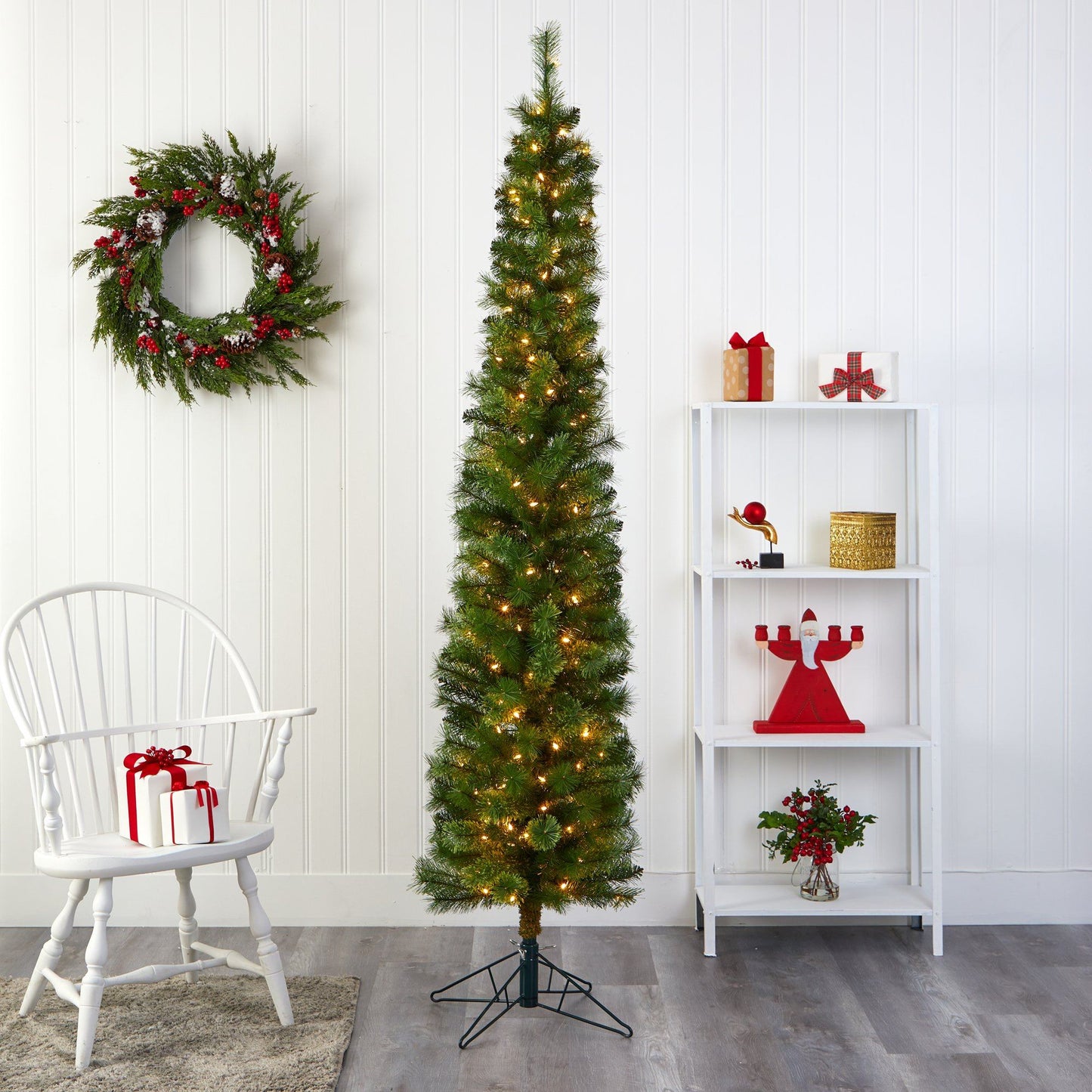 Árbol de Navidad artificial tipo lápiz verde de 2.1 m con 150 luces LED transparentes (multifunción) y 338 ramas flexibles