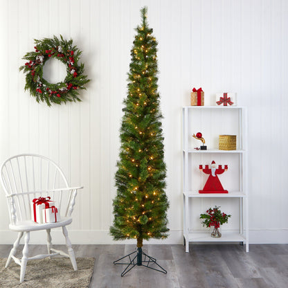 Árbol de Navidad artificial tipo lápiz verde de 2.1 m con 150 luces LED transparentes (multifunción) y 338 ramas flexibles