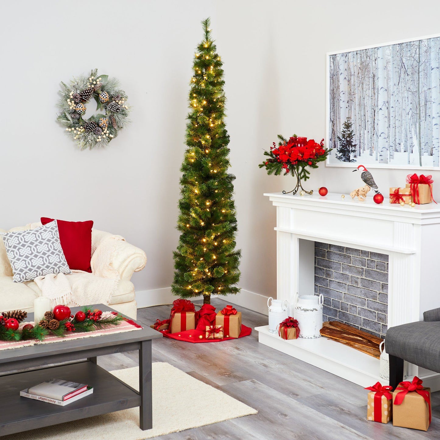 Árbol de Navidad artificial tipo lápiz verde de 2.1 m con 150 luces LED transparentes (multifunción) y 338 ramas flexibles