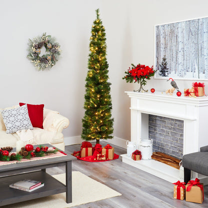 Árbol de Navidad artificial tipo lápiz verde de 2.1 m con 150 luces LED transparentes (multifunción) y 338 ramas flexibles