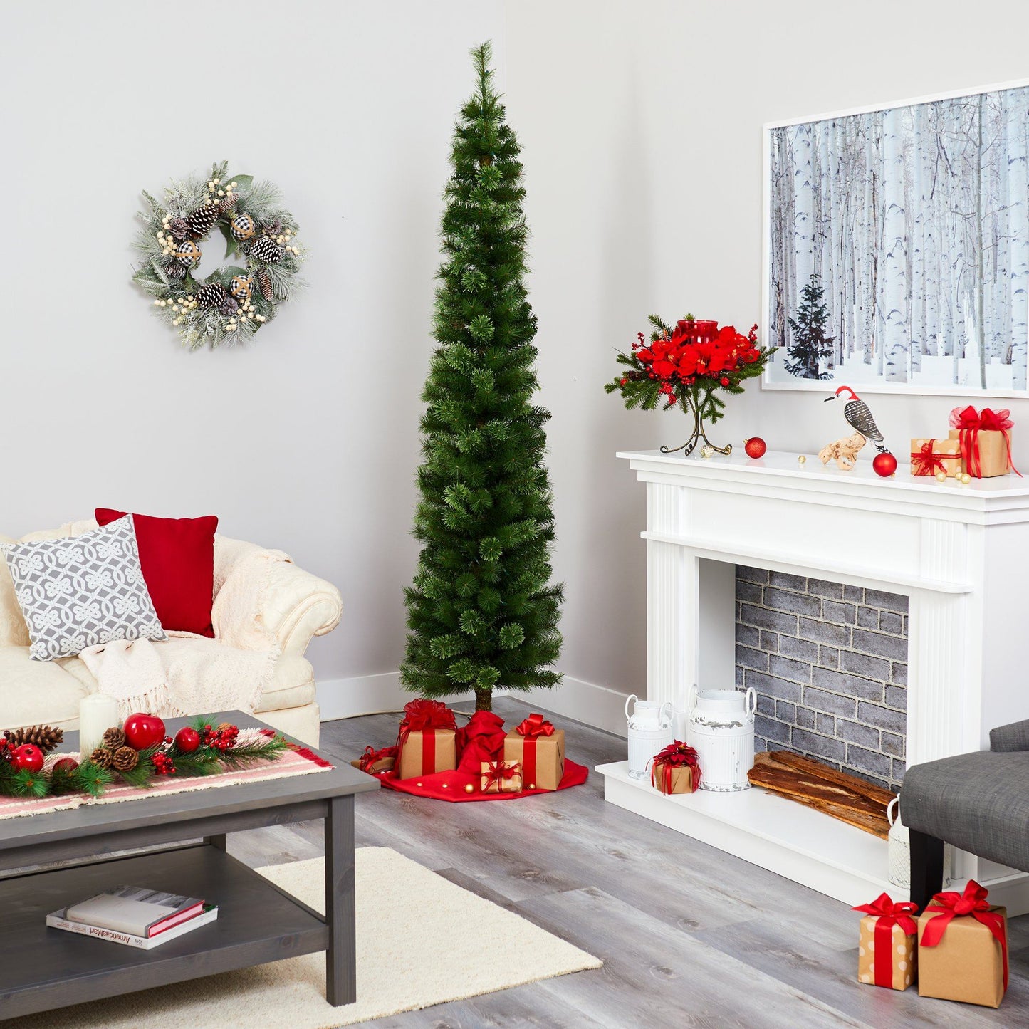 Árbol de Navidad artificial tipo lápiz verde de 2.1 m con 150 luces LED transparentes (multifunción) y 338 ramas flexibles