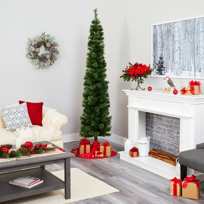 Árbol de Navidad artificial tipo lápiz verde de 2.1 m con 150 luces LED transparentes (multifunción) y 338 ramas flexibles