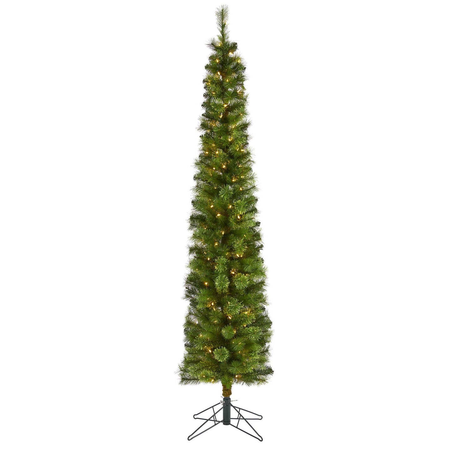 Árbol de Navidad artificial tipo lápiz verde de 2.1 m con 150 luces LED transparentes (multifunción) y 338 ramas flexibles