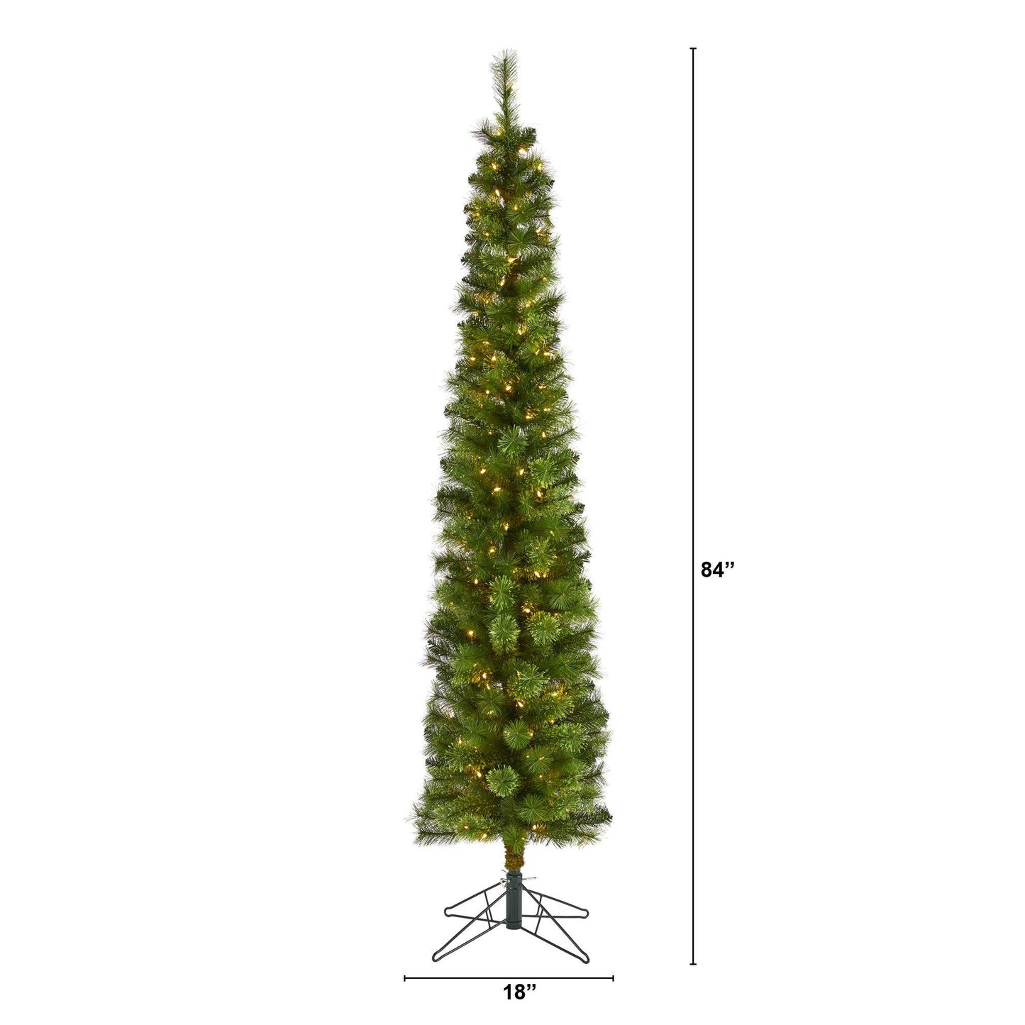 Árbol de Navidad artificial tipo lápiz verde de 2.1 m con 150 luces LED transparentes (multifunción) y 338 ramas flexibles