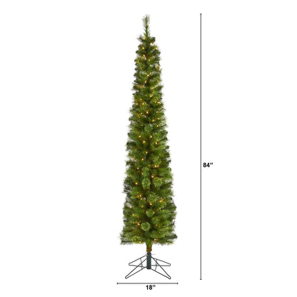 Árbol de Navidad artificial tipo lápiz verde de 2.1 m con 150 luces LED transparentes (multifunción) y 338 ramas flexibles