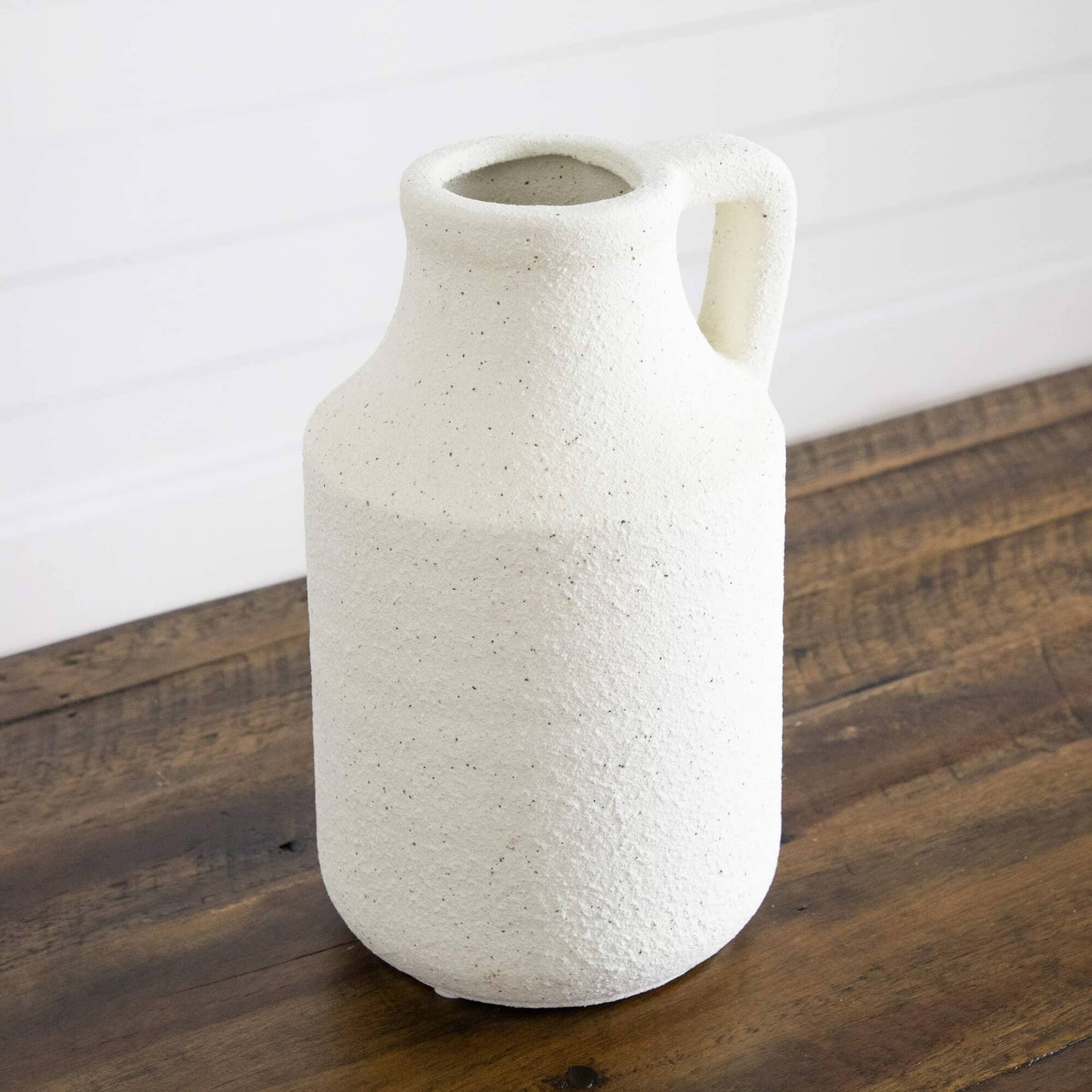 7in Textured Handmade Vase by Nearly Natural, white speckled ceramic with mouth and handle on Tampa Home & Garden Store