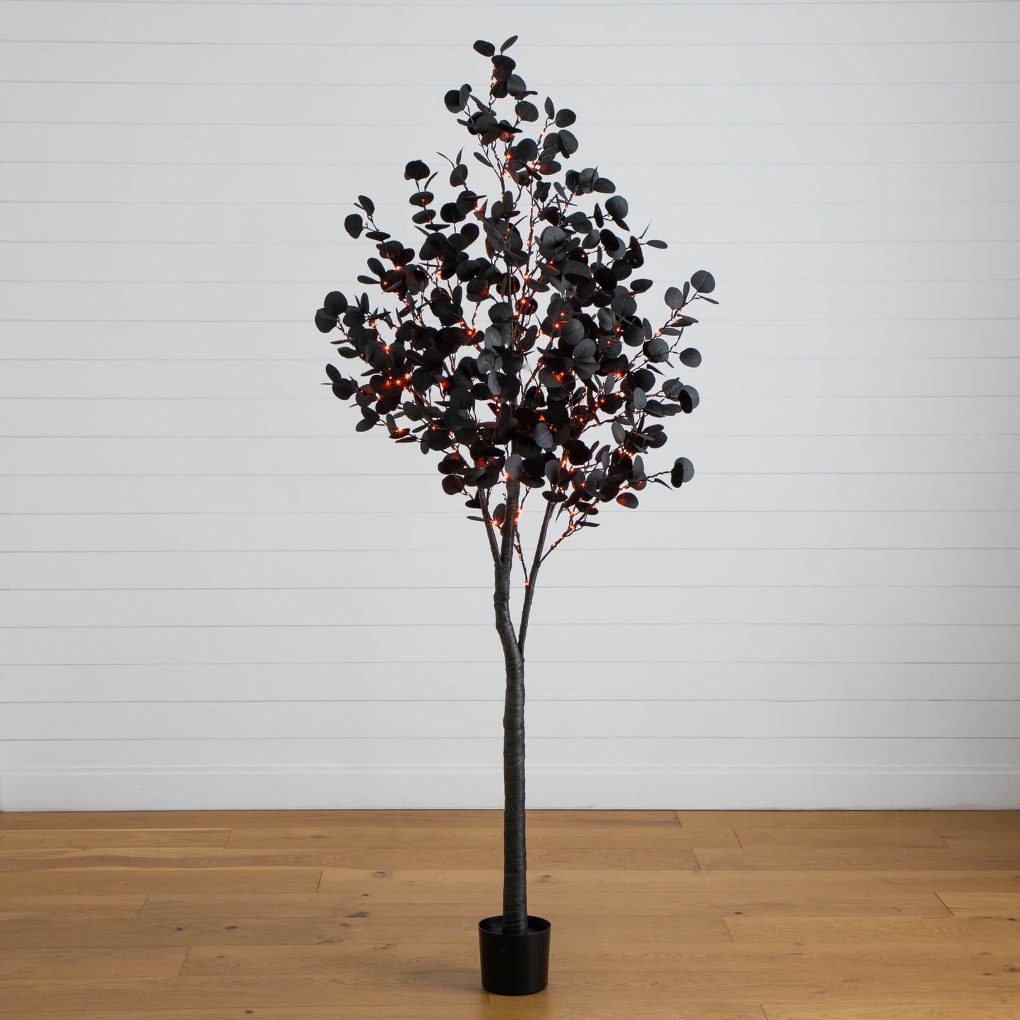 7' Pre-Lit Halloween Black Eucalyptus Tree with 420 orange and purple LEDs in a pot on Tampa Home & Garden Store
