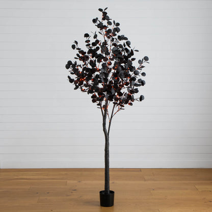7' Pre-Lit Halloween Black Eucalyptus Tree with 420 orange and purple LEDs in a pot on Tampa Home & Garden Store