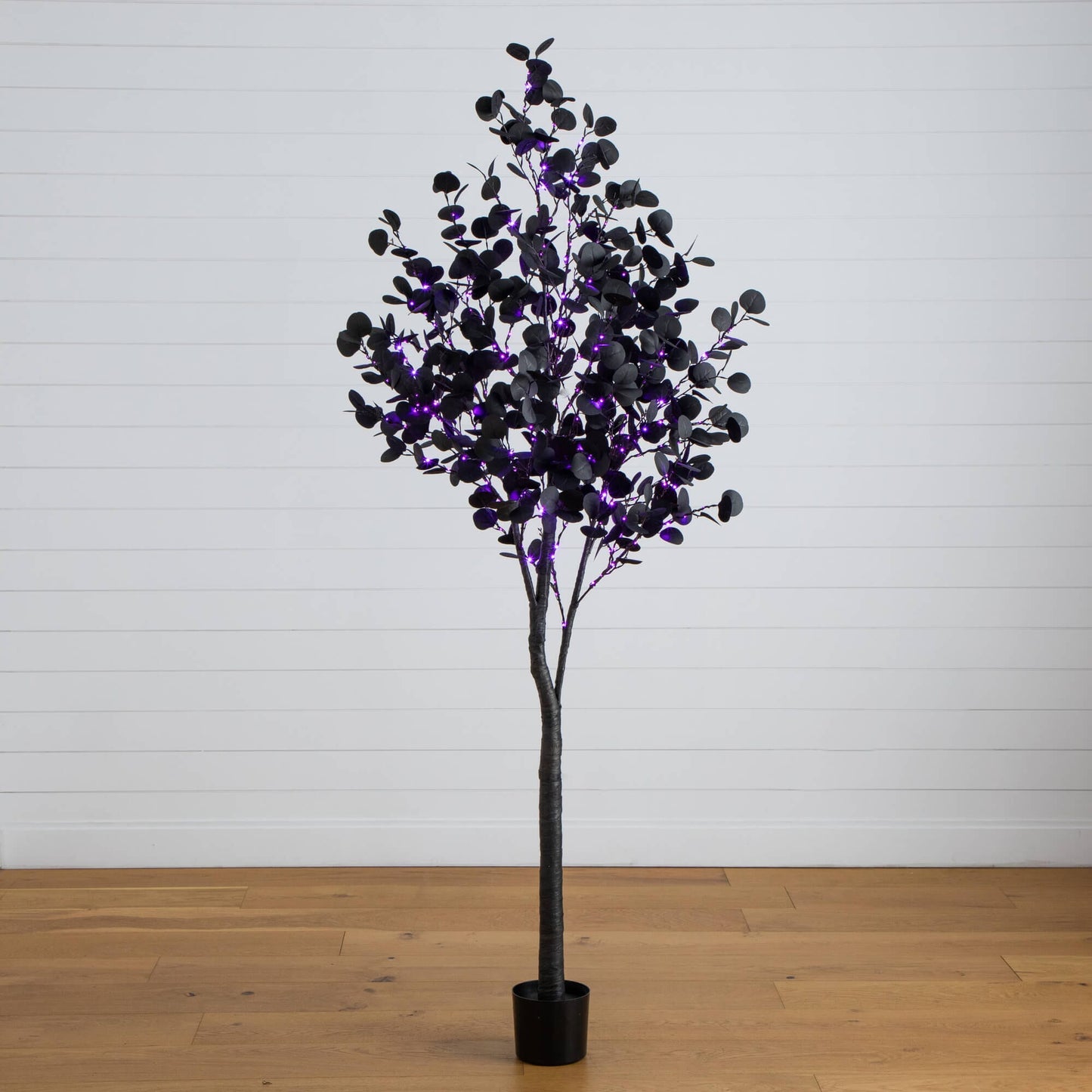 7 ft Nearly Natural Halloween black eucalyptus tree with purple/orange LED lights in black pot on Tampa Home & Garden Store