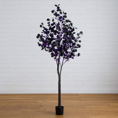 7 ft Nearly Natural Halloween black eucalyptus tree with purple/orange LED lights in black pot on Tampa Home & Garden Store