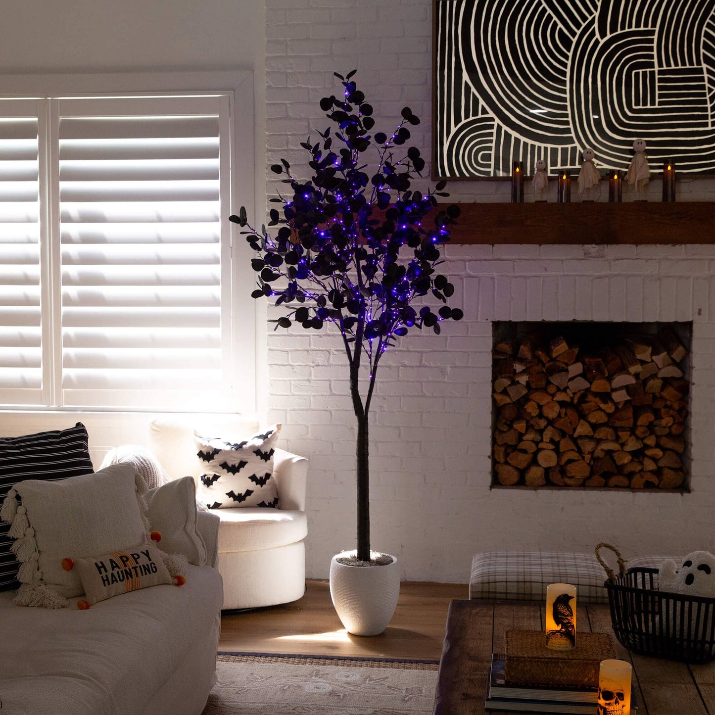7 ft Nearly Natural Halloween black eucalyptus tree with 420 orange and purple LED lights on Tampa Home & Garden Store