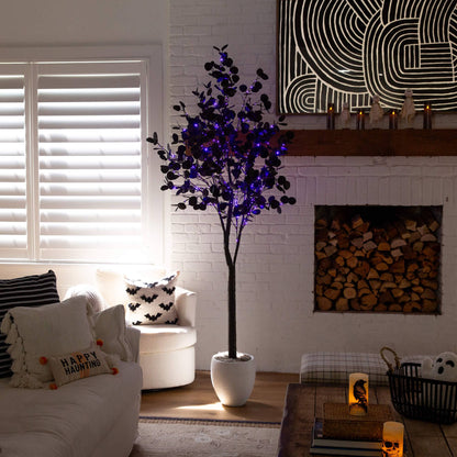 7 ft Nearly Natural Halloween black eucalyptus tree with 420 orange and purple LED lights on Tampa Home & Garden Store