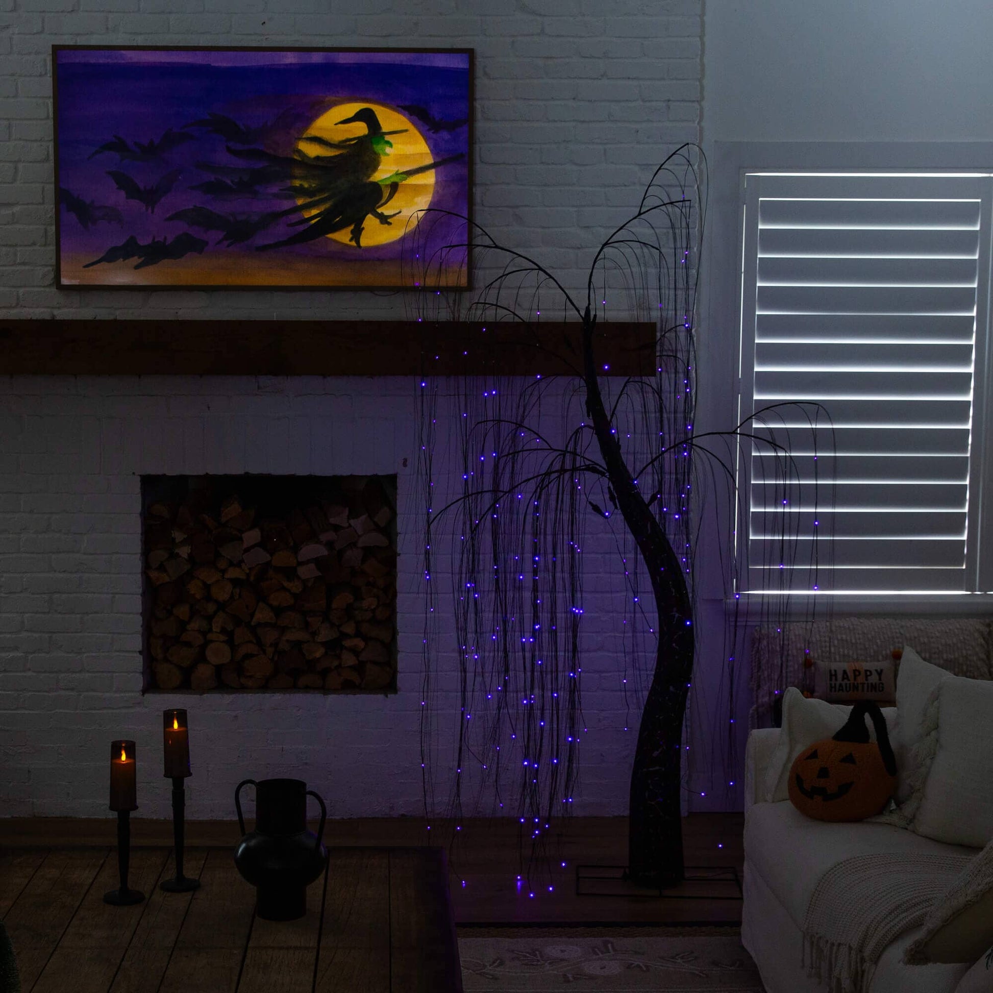 Tree Nearly Natural 7' Pre-Lit Artificial Halloween Black Willow with 600 purple and orange dual-color LEDs on Tampa Home & Garden Store