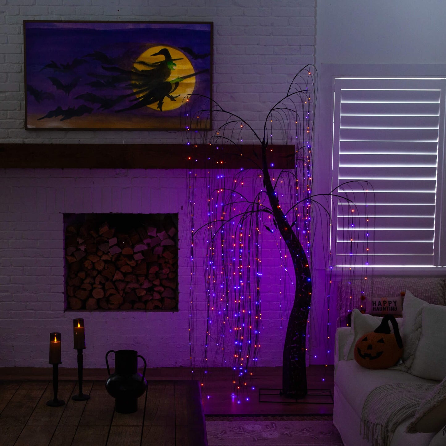 7' Pre-Lit Halloween Black Willow Tree by Nearly Natural with 600 purple and orange LEDs on Tampa Home & Garden Store