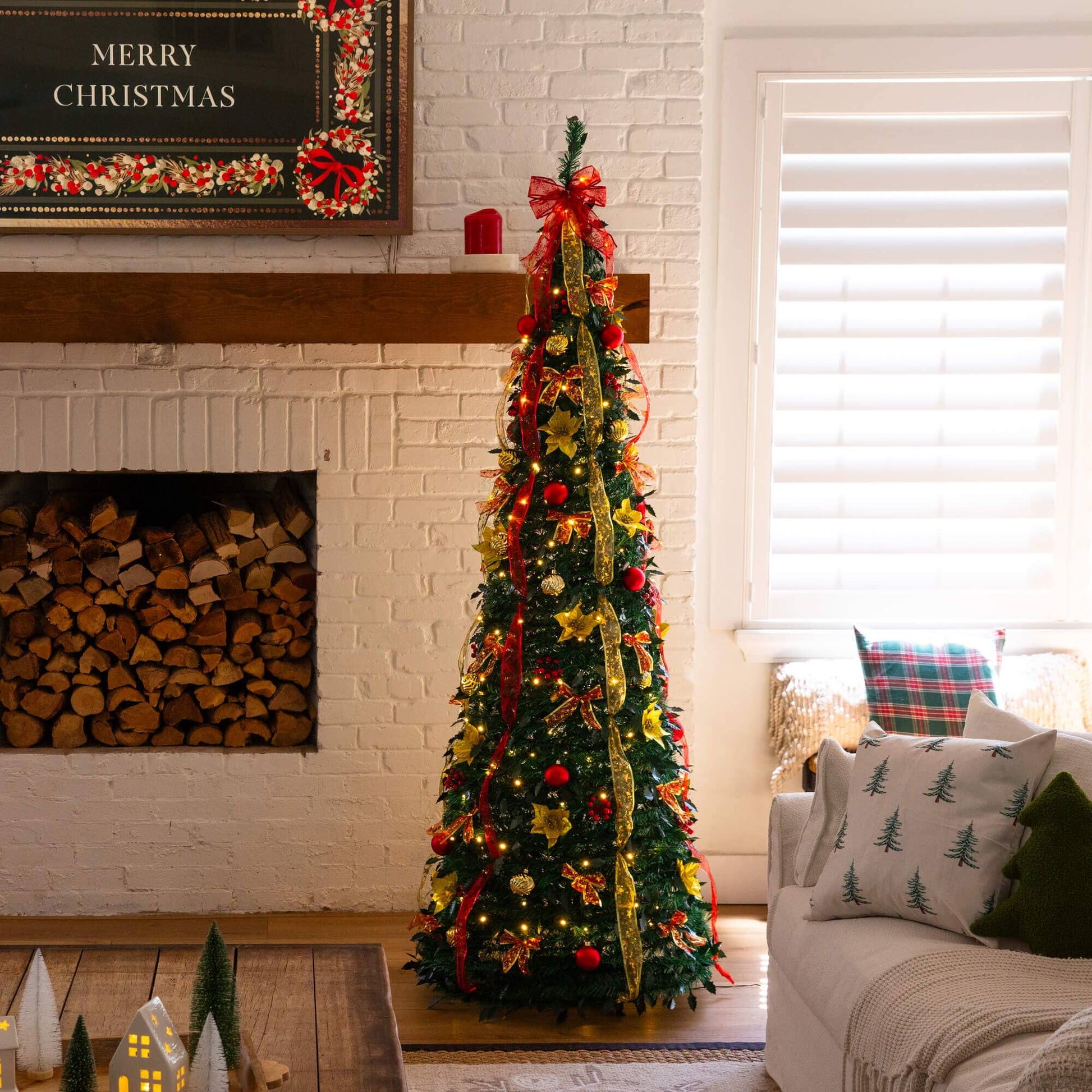 Nearly Natural 7' Pre-Lit Christmas Tree with red and gold ornaments, ribbons, 180 LED lights on Tampa Home & Garden Store