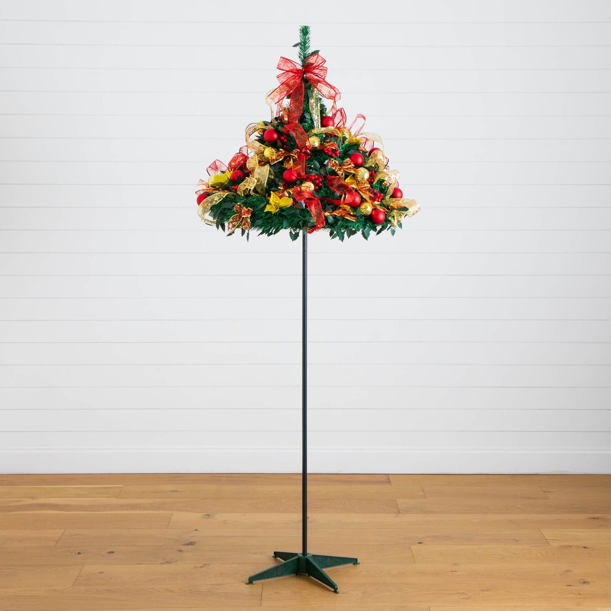 Nearly Natural 7' pre-lit artificial Christmas tree with red and gold ornaments and ribbons on Tampa Home & Garden Store
