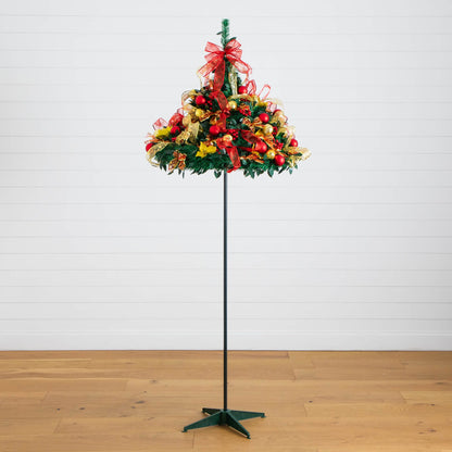 Nearly Natural 7' pre-lit artificial Christmas tree with red and gold ornaments and ribbons on Tampa Home & Garden Store