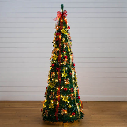 7' pre-lit artificial pop-up Christmas tree with red and gold ribbons and ornaments and warm white LEDs on Tampa Home & Garden Store