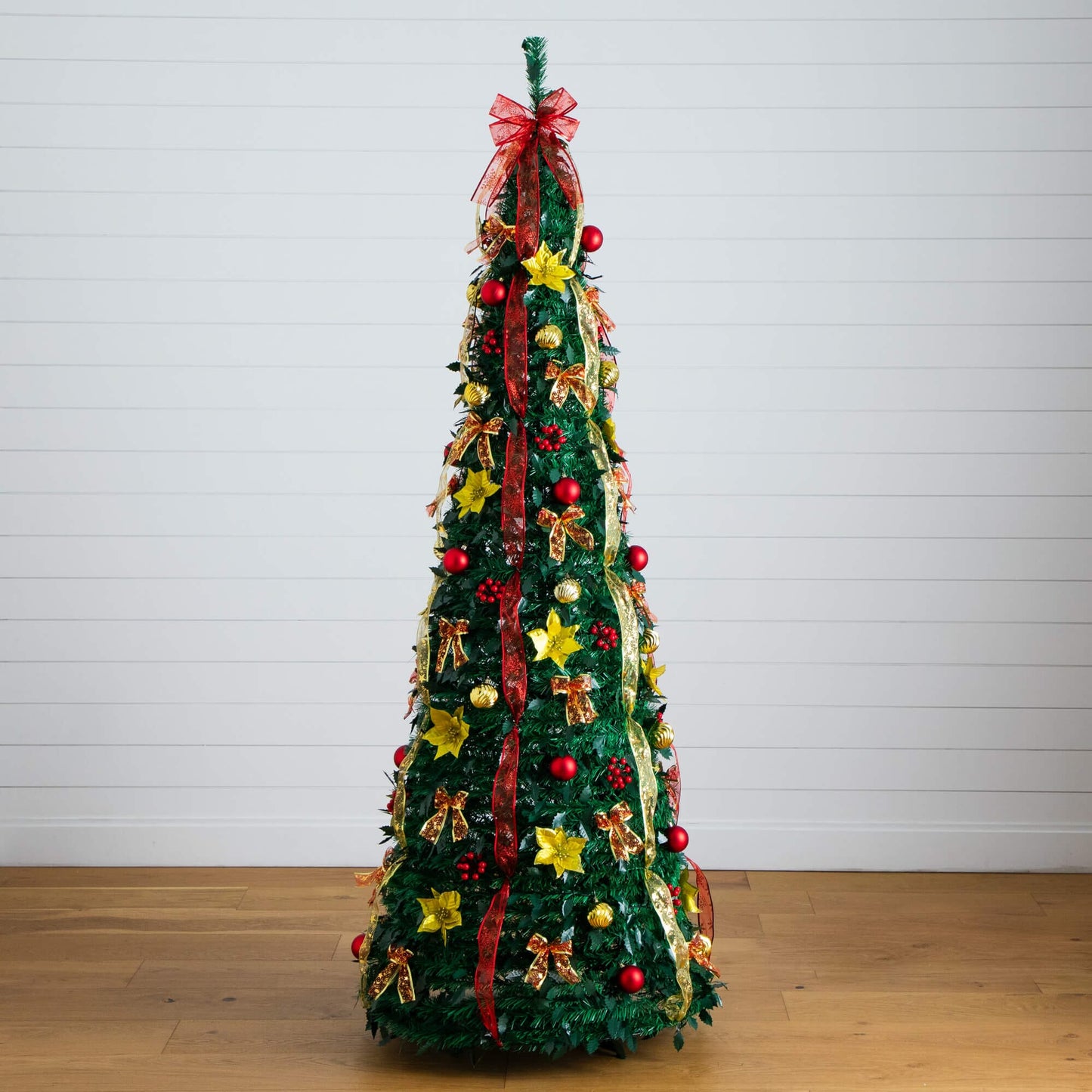7' Nearly Natural pre-lit pop-up Xmas tree with red and gold ornaments, ribbons 180 LED lights on Tampa Home & Garden Store