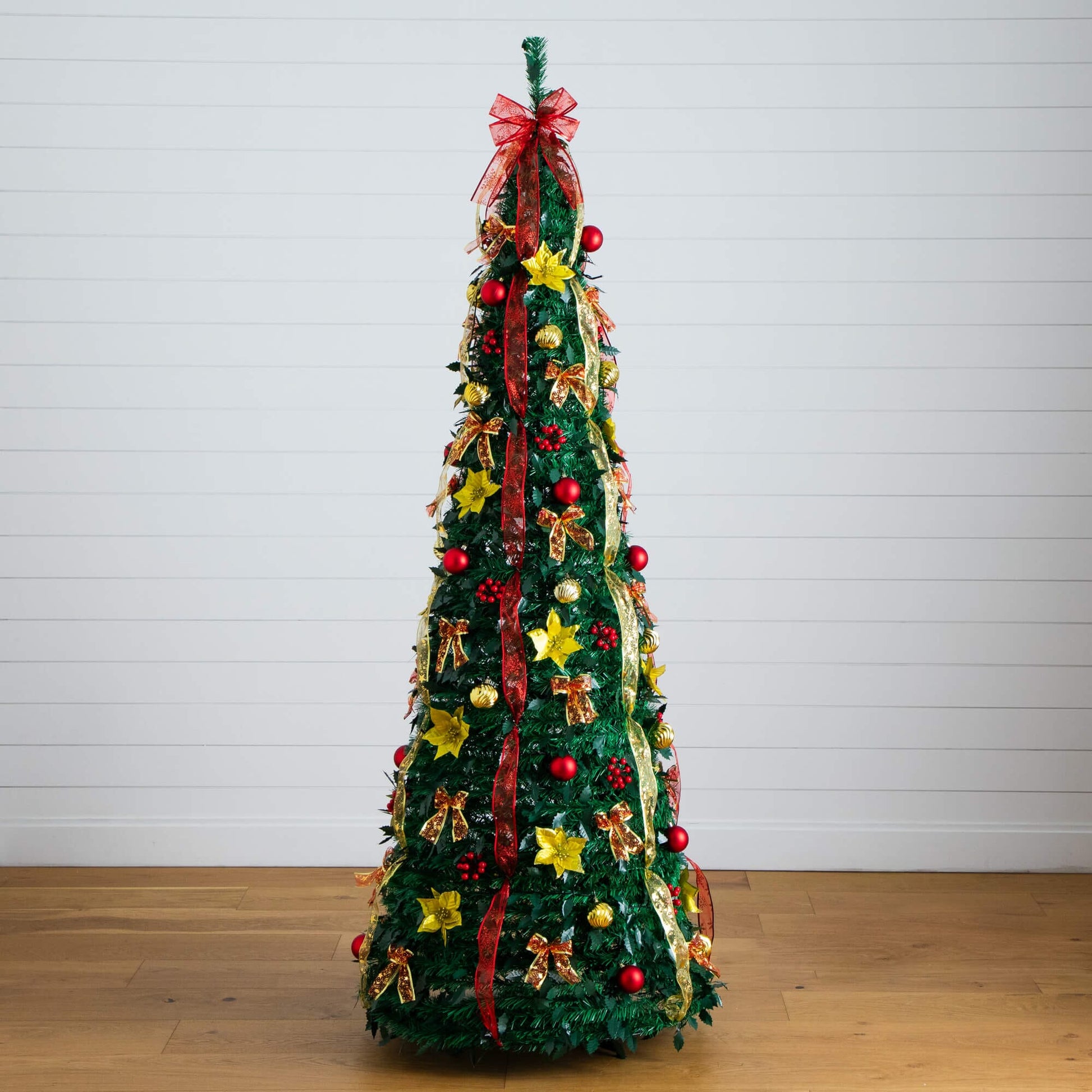 7' Nearly Natural pre-lit pop-up Xmas tree with red and gold ornaments, ribbons 180 LED lights on Tampa Home & Garden Store