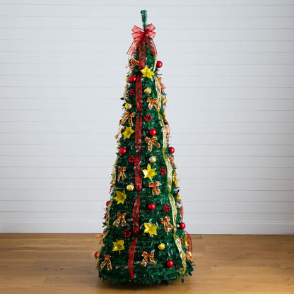 7' Nearly Natural pre-lit pop-up Xmas tree with red and gold ornaments, ribbons 180 LED lights on Tampa Home & Garden Store