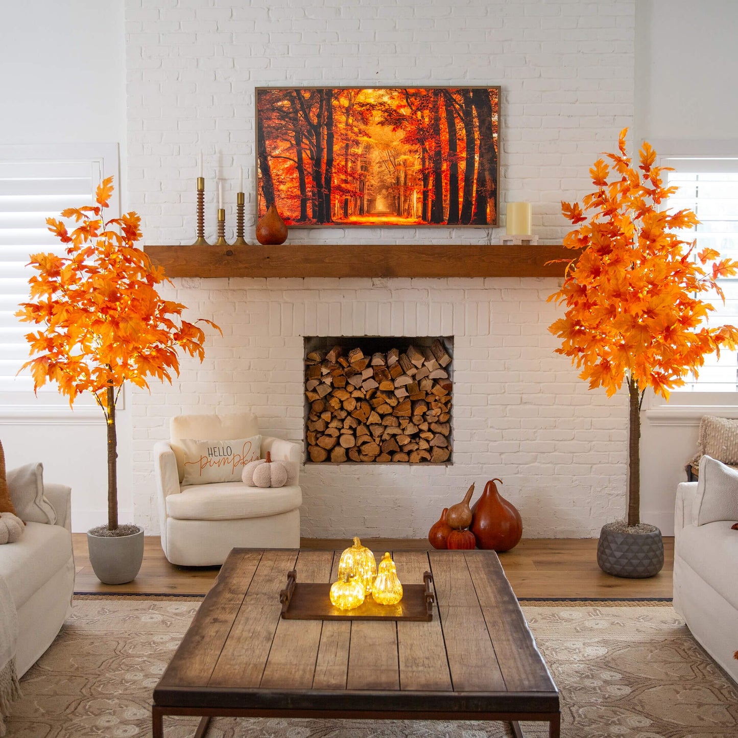 Two Nearly Natural 7' Autumn Maple trees with 450 warm white LEDs orange foliage on Tampa Home & Garden Store