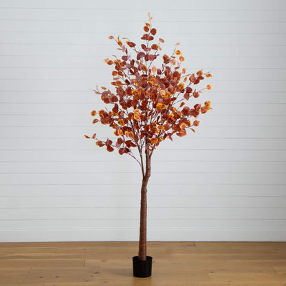 7' Pre-Lit Grand Autumn Eucalyptus tree with copper-orange leaves and 420 warm white LEDs on Tampa Home & Garden Store