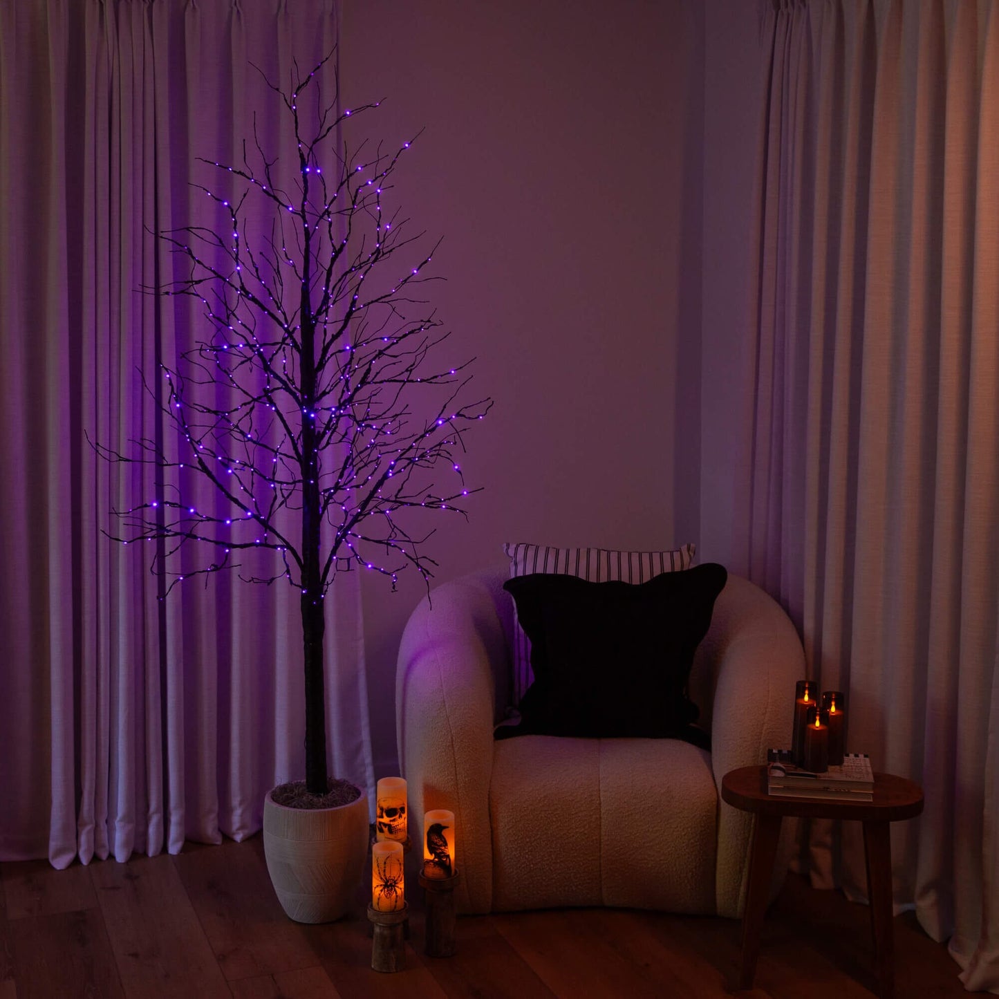 Nearly Natural 7 ft pre-lit Halloween black twig artificial tree with 390 orange and purple LEDs on Tampa Home & Garden Store