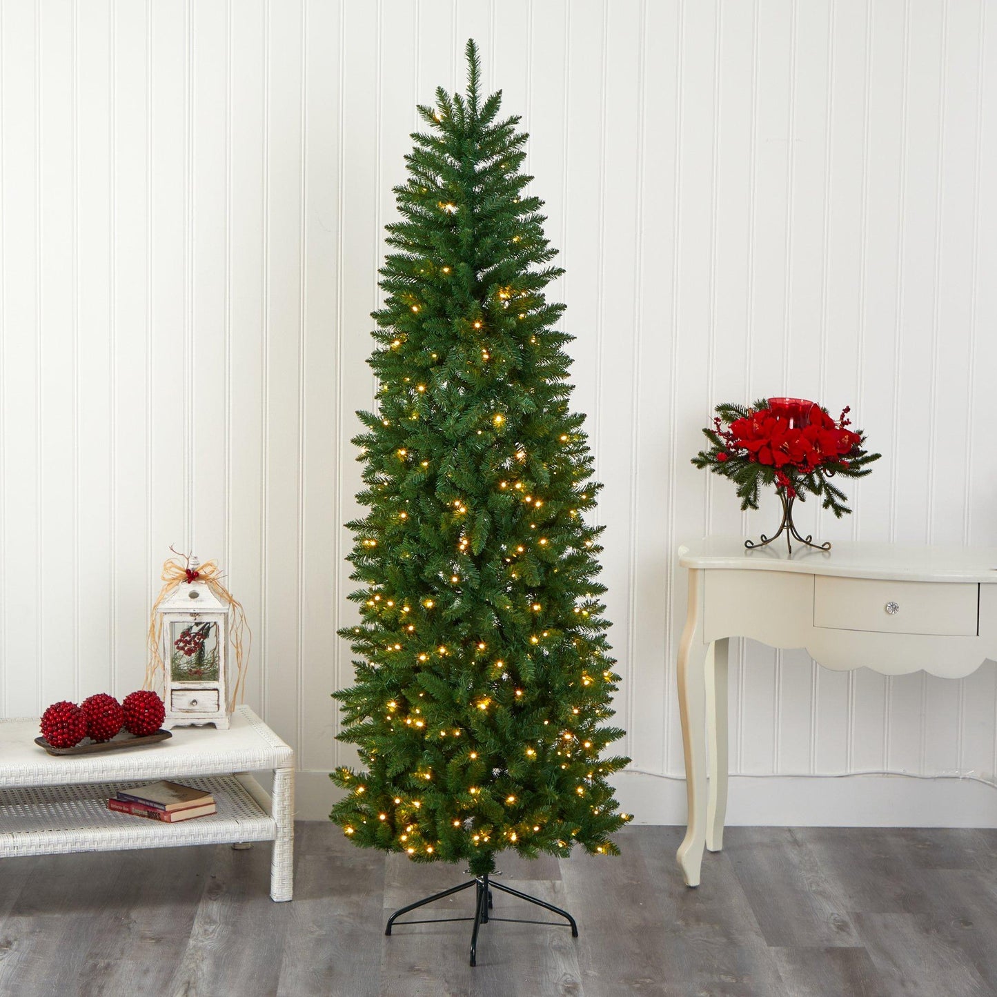Árbol de Navidad artificial Slim Green Mountain Pine de 2,1 m con 300 luces LED transparentes
