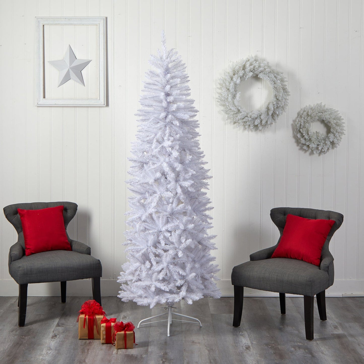 Árbol de Navidad artificial blanco de 2.13 m, delgado, con 995 ramas flexibles