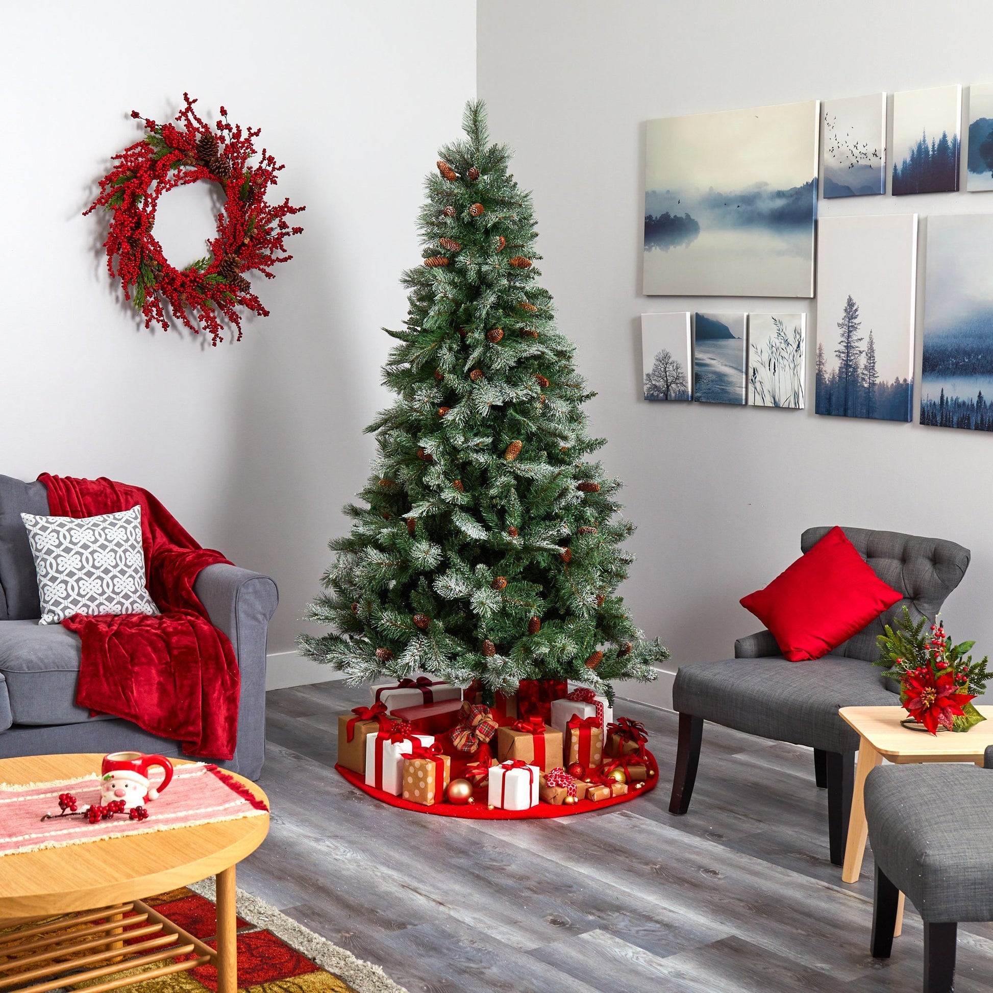 7 ft Snowed French Alps Mountain Pine artificial Christmas Tree 833 bendable branches pine cones on Tampa Home & Garden Store