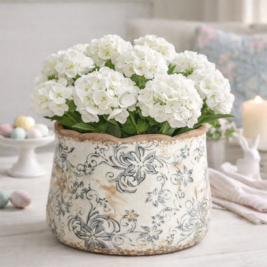 7” Tuscan Ceramic Gray Scroll Planter