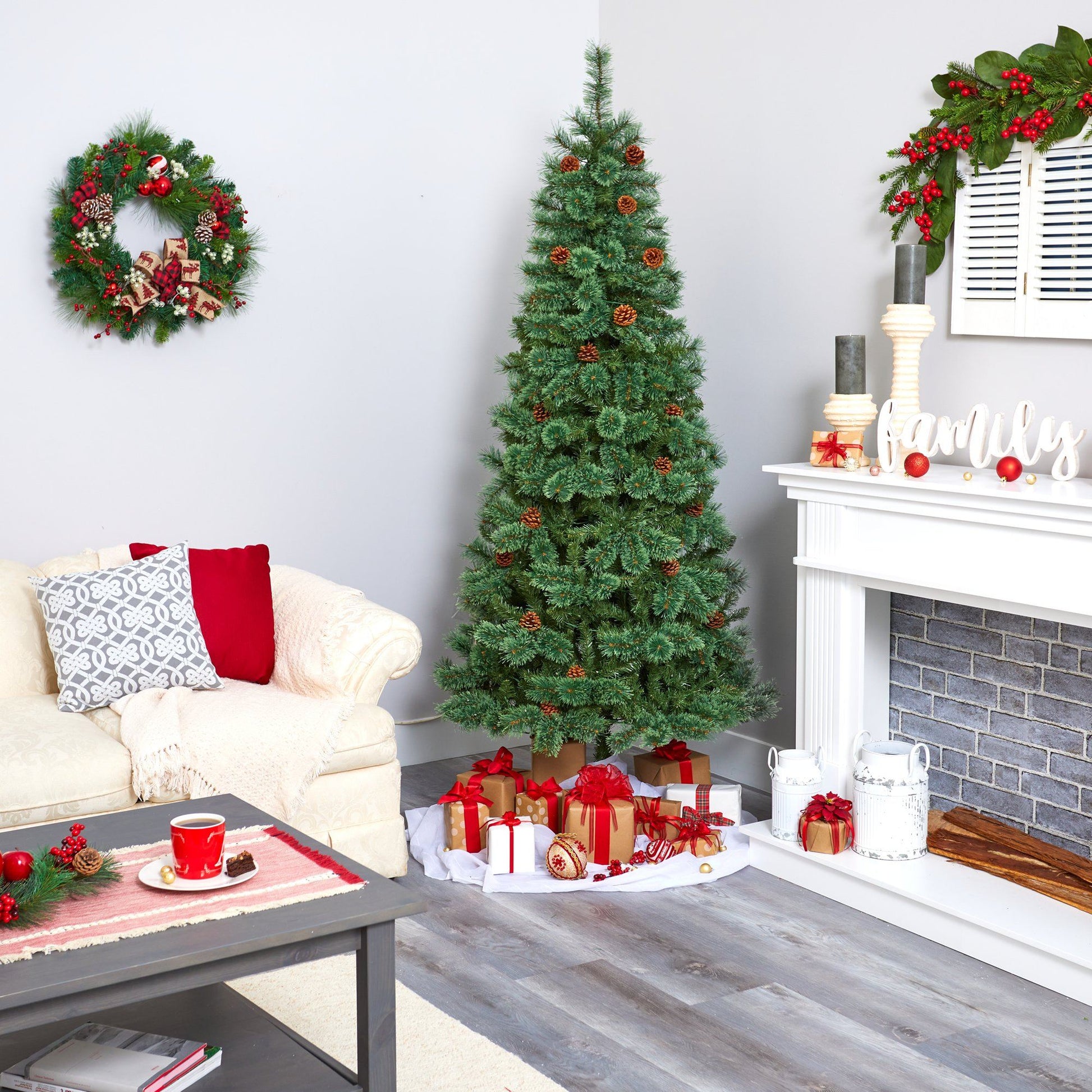 7 ft Nearly Natural White Mountain Pine artificial Christmas tree with 400 LED lights on Tampa Home & Garden Store