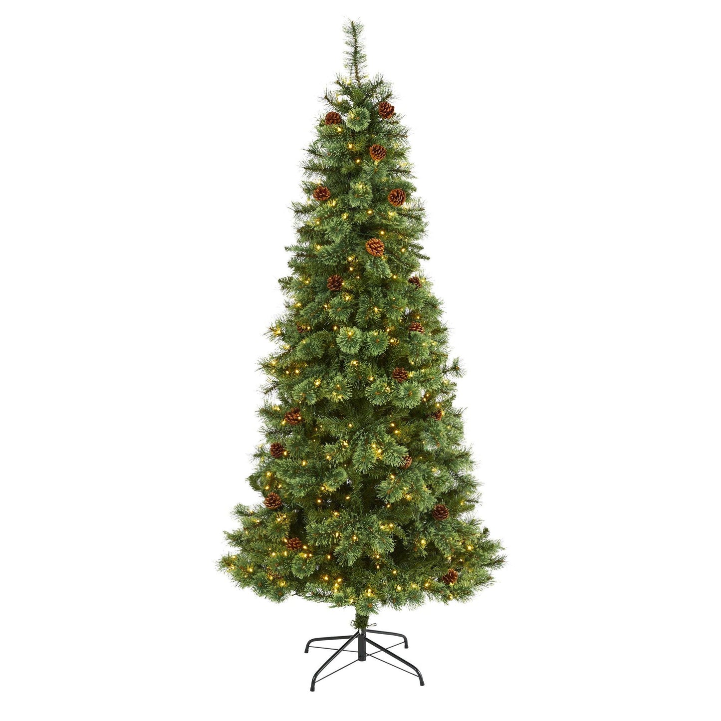 7ft White Mountain Pine artificial Christmas tree with 400 LED lights and pinecones on metal stand on Tampa Home & Garden Store