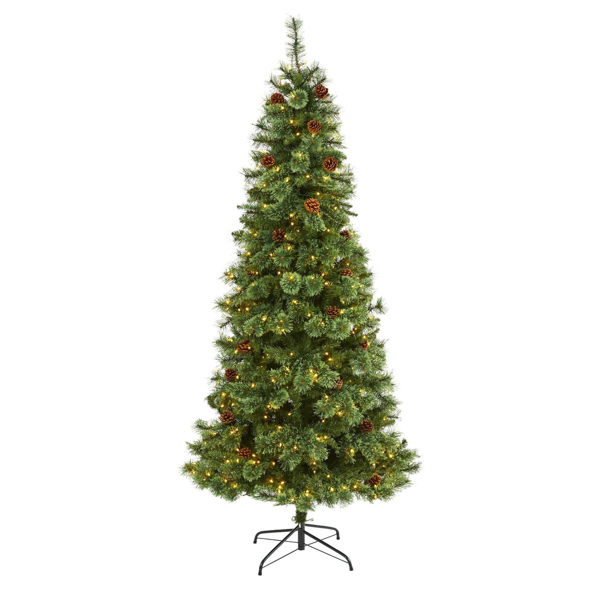 7ft White Mountain Pine artificial Christmas tree with 400 LED lights and pinecones on metal stand on Tampa Home & Garden Store