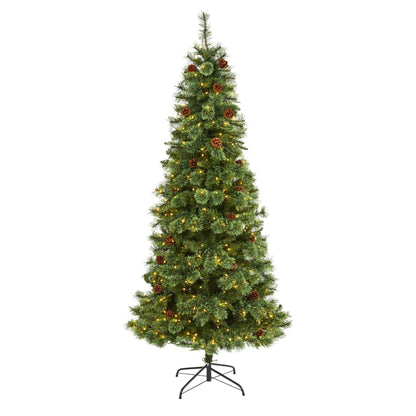 7ft White Mountain Pine artificial Christmas tree with 400 LED lights and pinecones on metal stand on Tampa Home & Garden Store